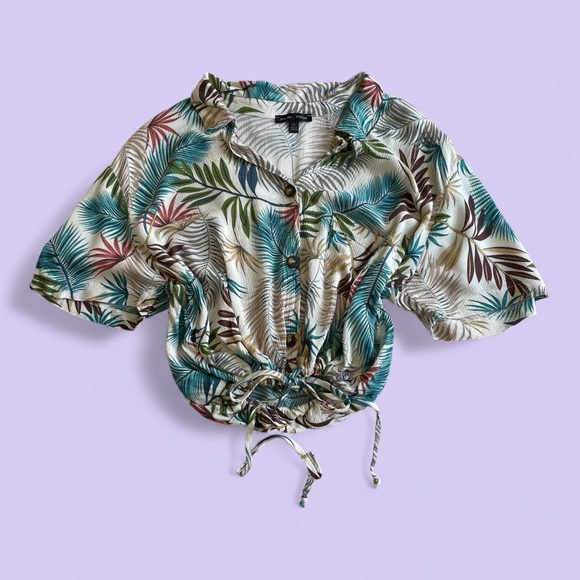 Moa Moa White Green Tropical Floral Tie-Waist Cropped Blouse XL - Picture 1 of 8